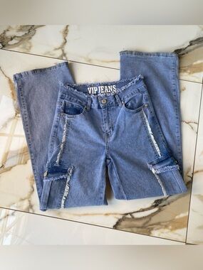 V.I.P Jeans Y2K era cargo Wide-Leg Flare Jeans - Light Blue w/Frayed Trim (5/27)